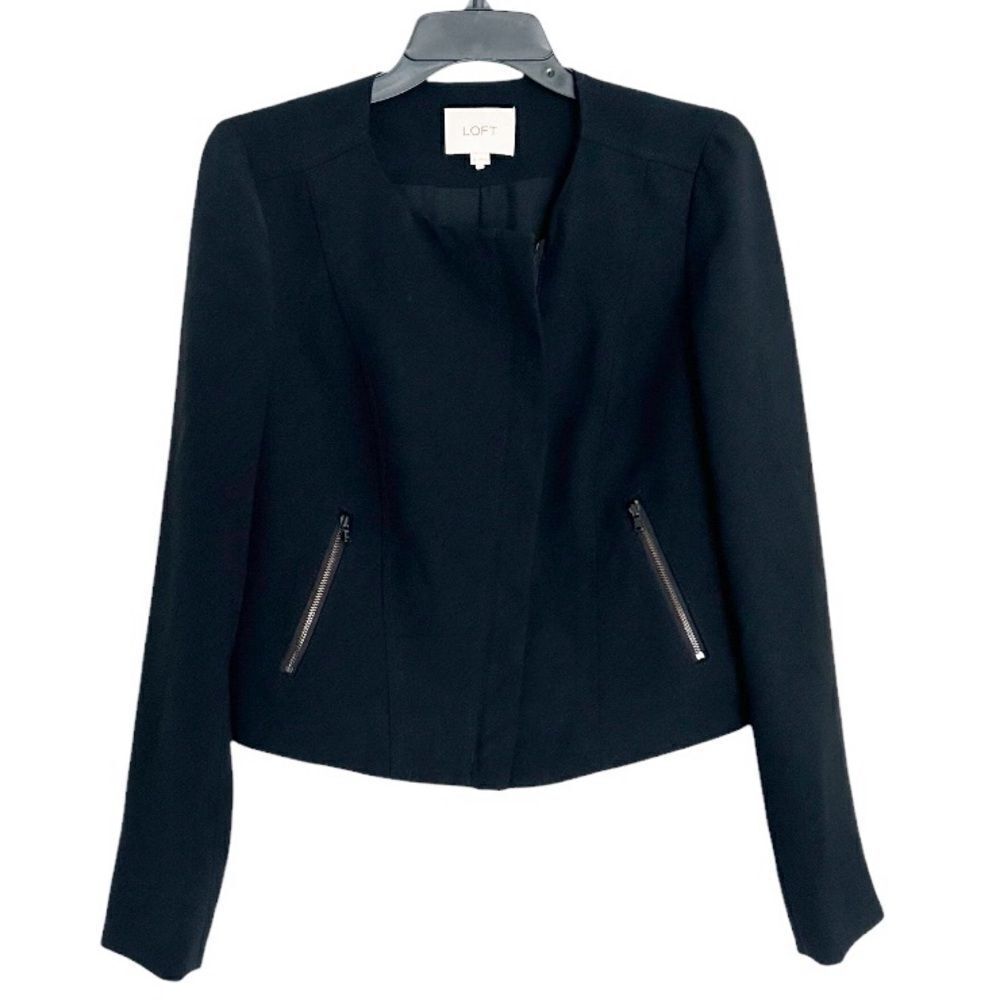 Ann Taylor Loft Blazer Size 0 Black Full Zip Pocket Cropped